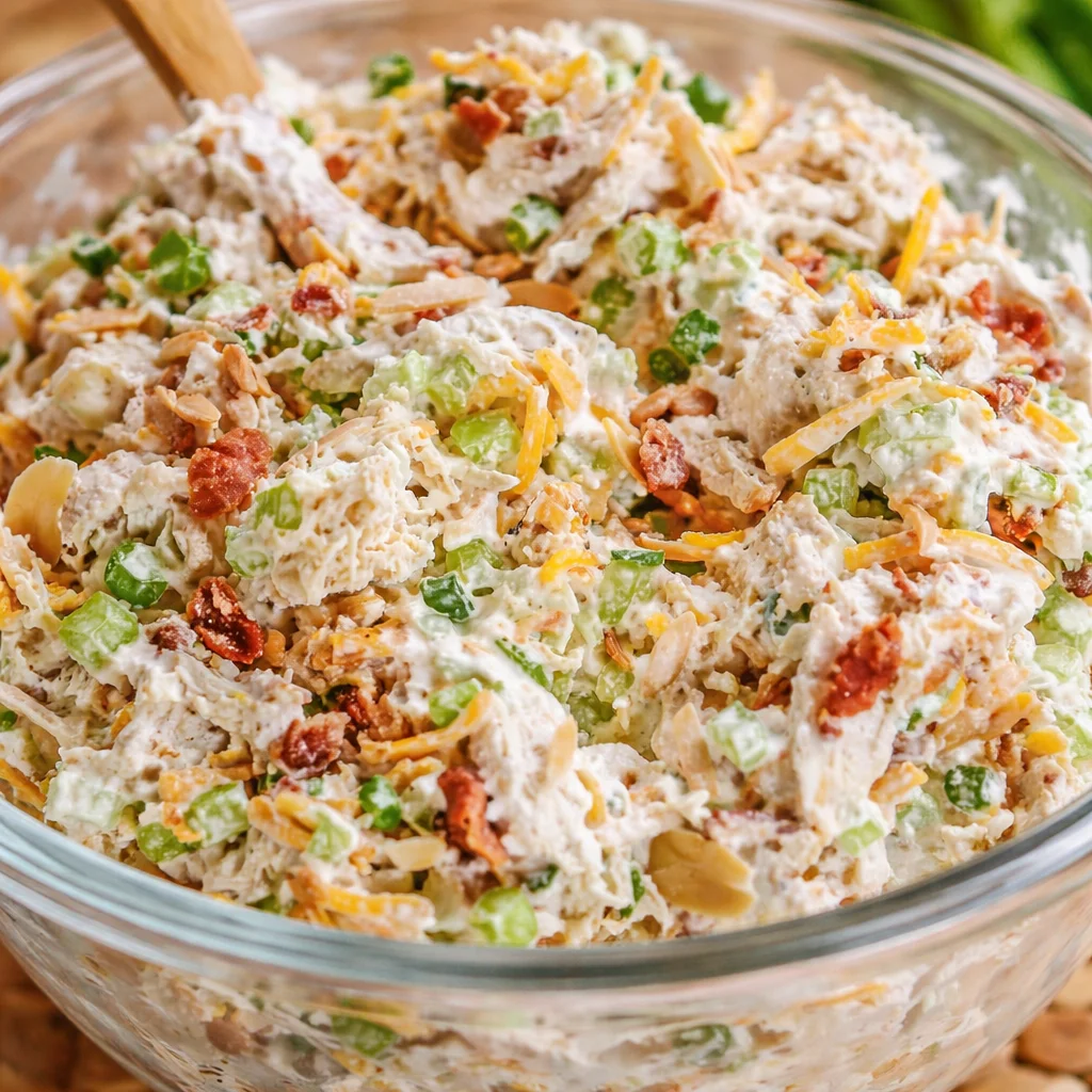Delicious Million Dollar Chicken Salad with chicken, bacon, and creamy dressing.