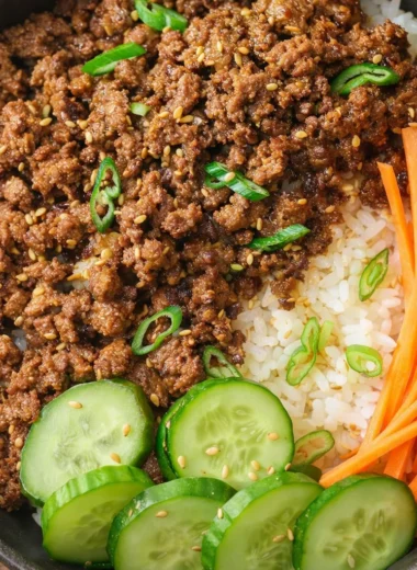 Delicious Korean Beef Bulgogi Rice Bowl served with vegetables and rice.
