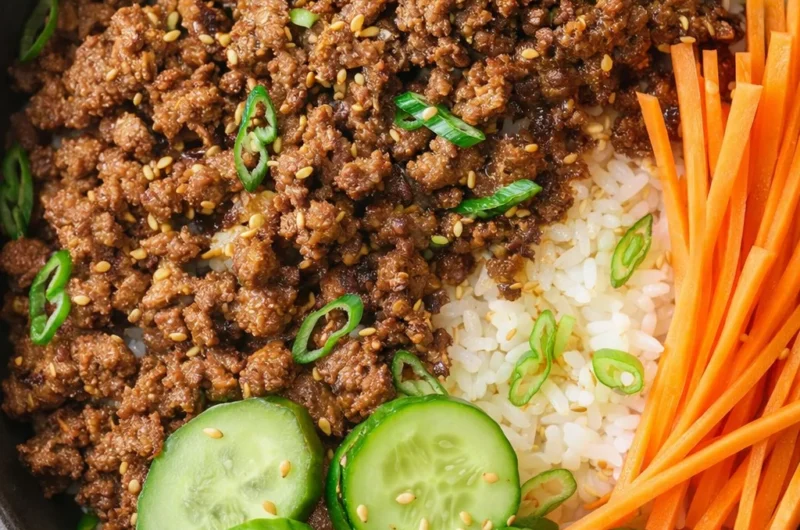 Delicious Korean Beef Bulgogi Rice Bowl served with vegetables and rice.
