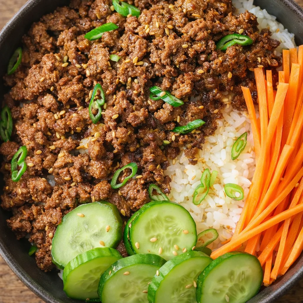 Delicious Korean Beef Bulgogi Rice Bowl served with vegetables and rice.