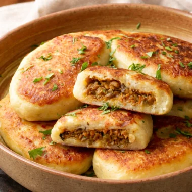 Golden brown Cheesy Beef Stuffed Potato Pancakes with rich beef filling and cheese.