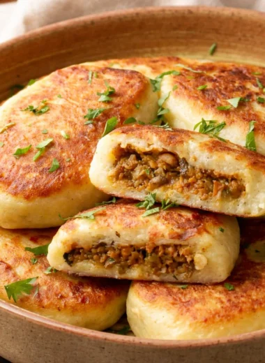 Golden brown Cheesy Beef Stuffed Potato Pancakes with rich beef filling and cheese.
