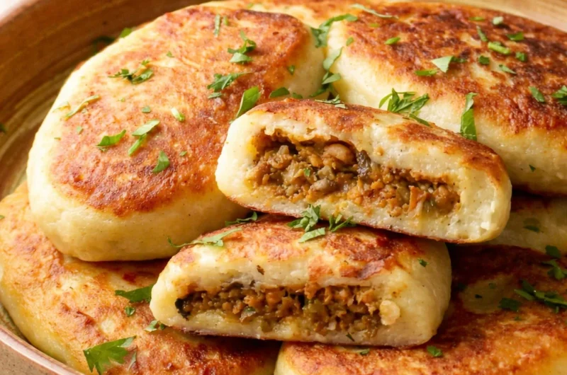 Golden brown Cheesy Beef Stuffed Potato Pancakes with rich beef filling and cheese.