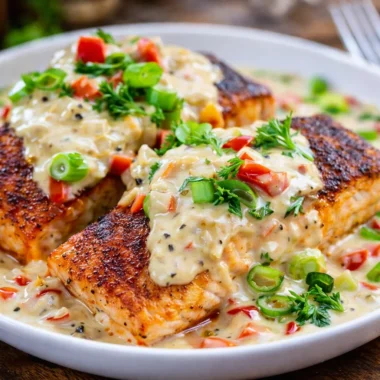 Blackened Salmon fillets in Creamy Cajun Sauce with garlic and bell peppers in a skillet.