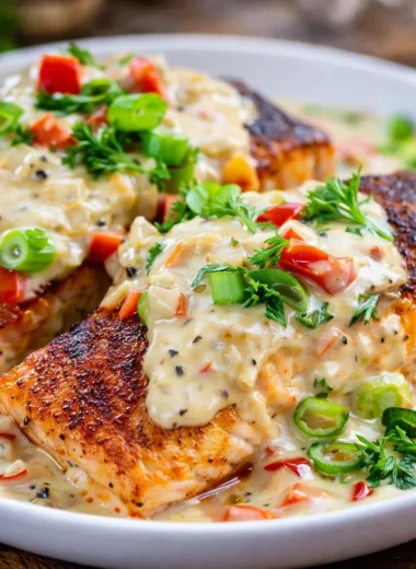 Blackened Salmon fillets in Creamy Cajun Sauce with garlic and bell peppers in a skillet.