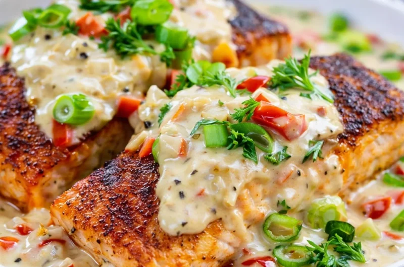 Blackened Salmon fillets in Creamy Cajun Sauce with garlic and bell peppers in a skillet.
