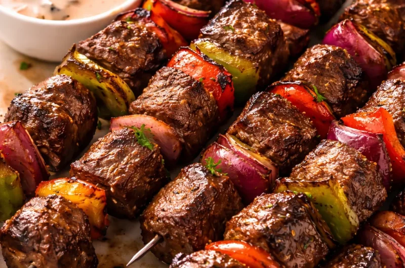 Juicy Australian beef skewers on the grill, served with fresh vegetables.