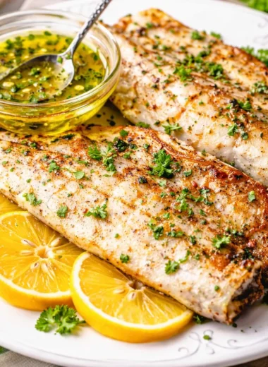 Grilled barramundi fillets with lemon butter sauce on a plate.
