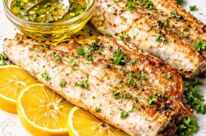 Grilled barramundi fillets with lemon butter sauce on a plate.