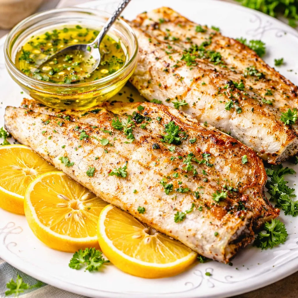 Grilled barramundi fillets with lemon butter sauce on a plate.