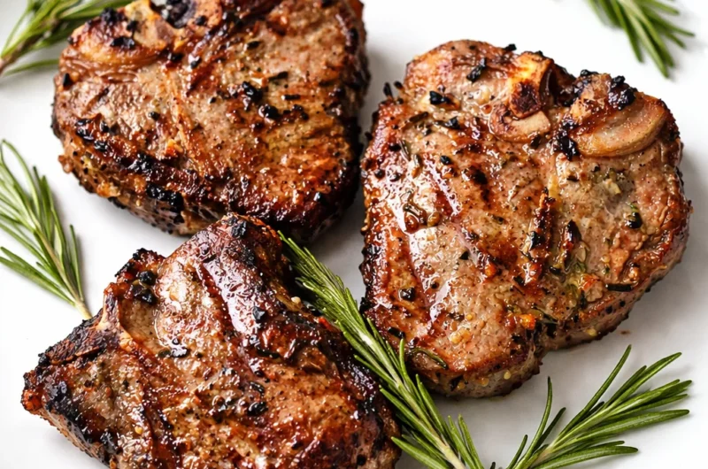 Deliciously grilled Australian lamb chops garnished with rosemary and garlic.