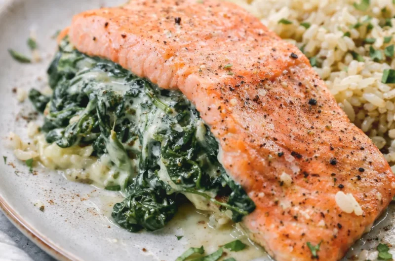 Baked Salmon with Spinach and Mozzarella served on a plate, garnished with herbs.