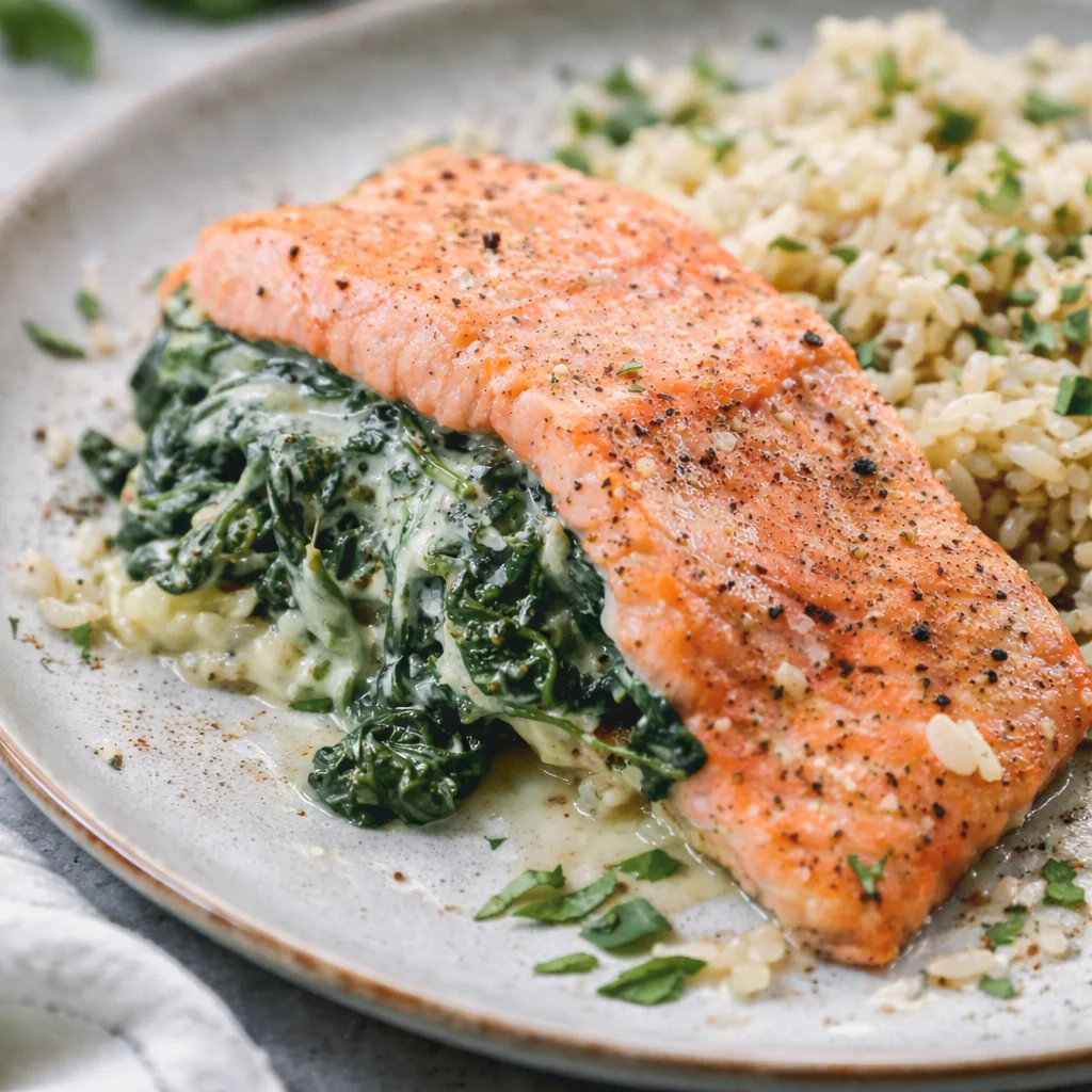 Baked Salmon with Spinach and Mozzarella served on a plate, garnished with herbs.