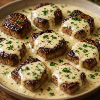 Tasty Garlic Butter Steak Bites served with Creamy Parmesan Sauce.
