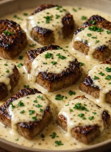Tasty Garlic Butter Steak Bites served with Creamy Parmesan Sauce.