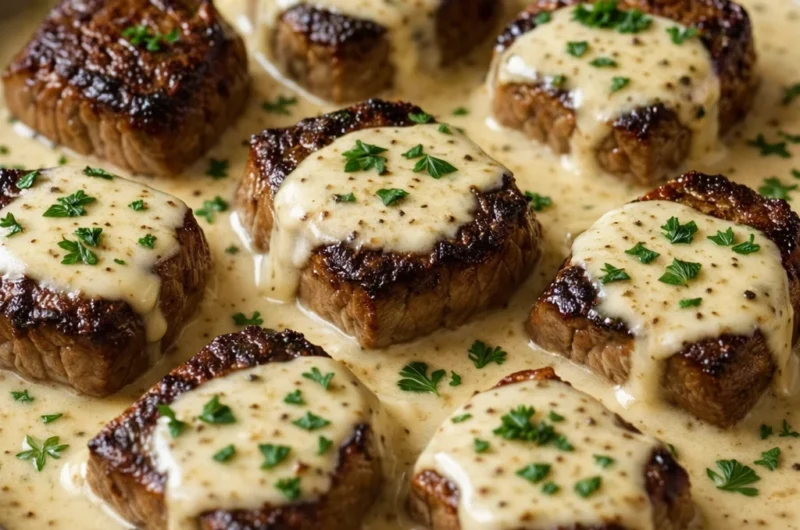 Tasty Garlic Butter Steak Bites served with Creamy Parmesan Sauce.