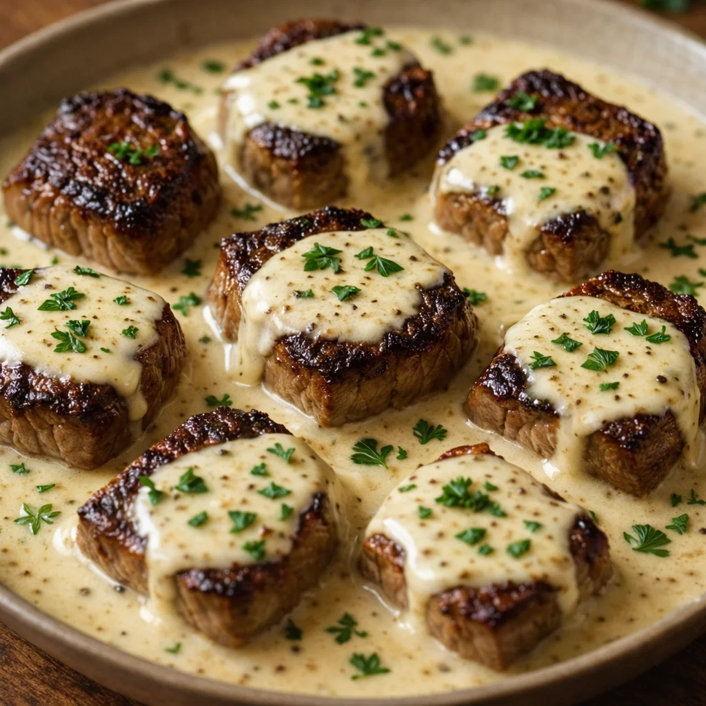 Tasty Garlic Butter Steak Bites served with Creamy Parmesan Sauce.