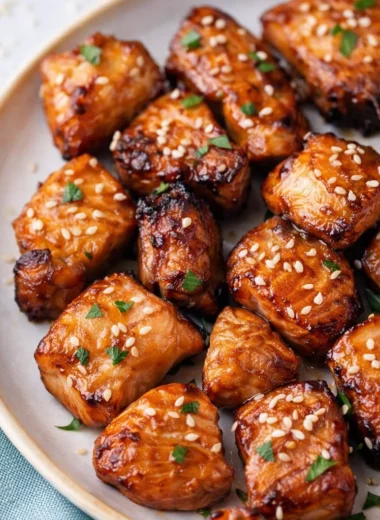 Honey Garlic Salmon Bites cooked in an Air Fryer with a golden crispy texture.