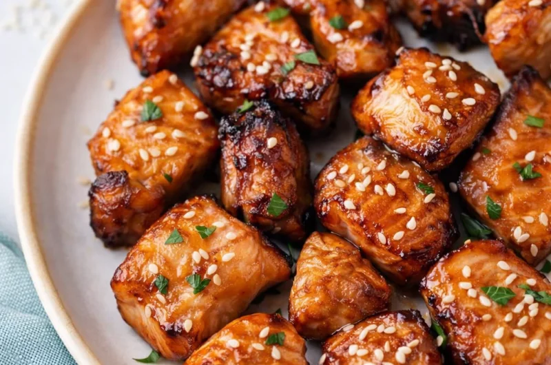 Honey Garlic Salmon Bites cooked in an Air Fryer with a golden crispy texture.