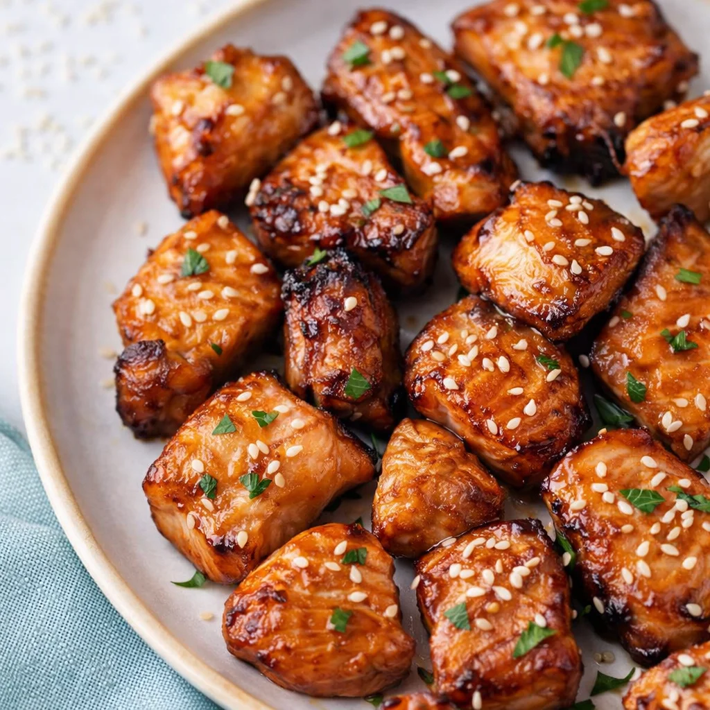 Honey Garlic Salmon Bites cooked in an Air Fryer with a golden crispy texture.