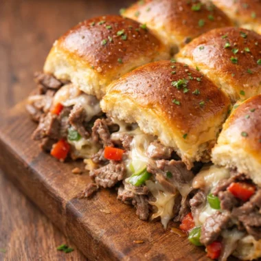 Delicious Philly Cheesesteak Sliders with Provolone cheese on Hawaiian rolls.