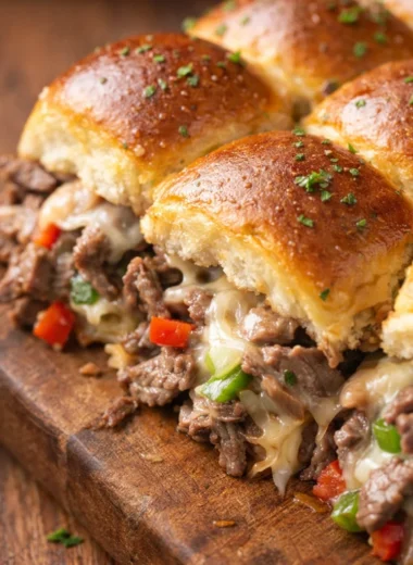 Delicious Philly Cheesesteak Sliders with Provolone cheese on Hawaiian rolls.