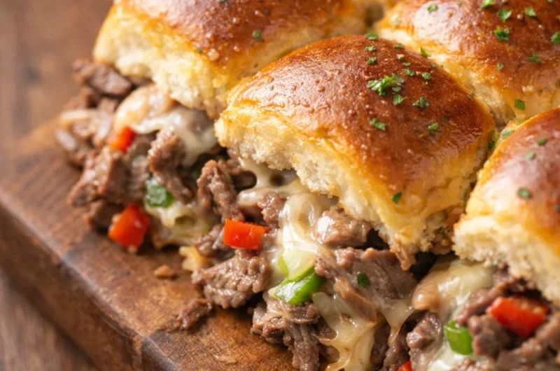 Delicious Philly Cheesesteak Sliders with Provolone cheese on Hawaiian rolls.