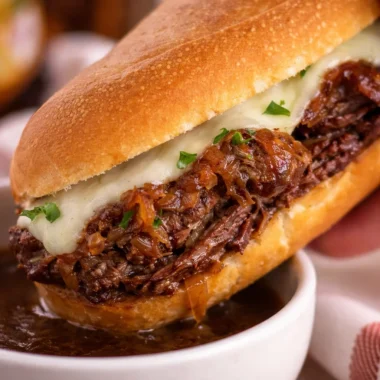 Delicious Slow Cooker French Dip Sandwiches with tender beef and melted cheese.