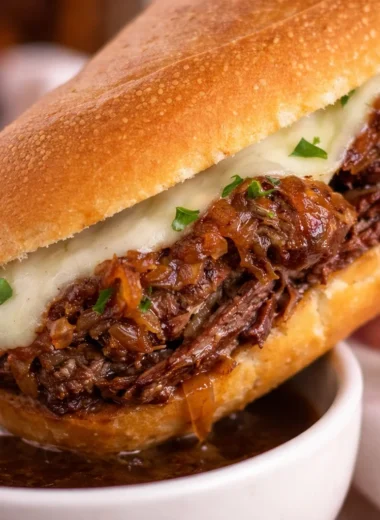 Delicious Slow Cooker French Dip Sandwiches with tender beef and melted cheese.