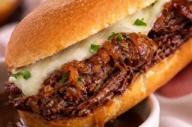 Delicious Slow Cooker French Dip Sandwiches with tender beef and melted cheese.