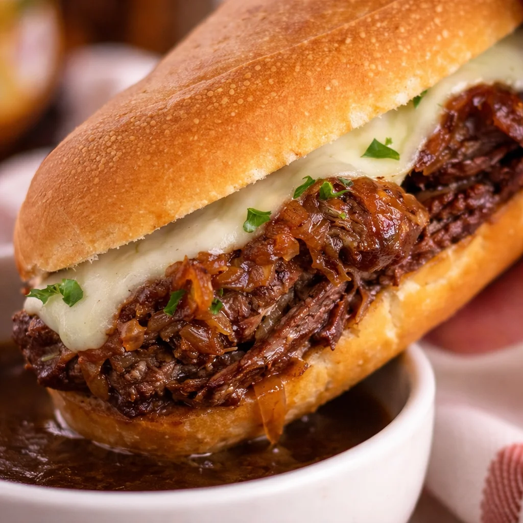 Delicious Slow Cooker French Dip Sandwiches with tender beef and melted cheese.