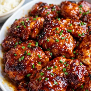 Delicious Sticky Honey Sriracha Chicken Thighs garnished and plated
