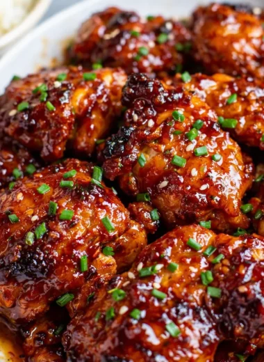 Delicious Sticky Honey Sriracha Chicken Thighs garnished and plated