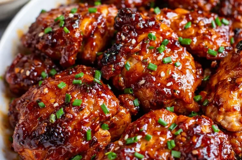 Delicious Sticky Honey Sriracha Chicken Thighs garnished and plated