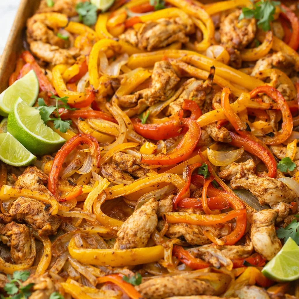 Sheet Pan Chicken Fajitas with colorful veggies and juicy chicken for a quick weeknight meal.