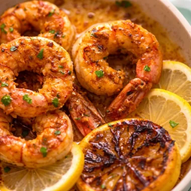 Delicious Australian BBQ prawns grilled with garlic butter and served with lemon.