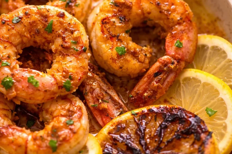 Delicious Australian BBQ prawns grilled with garlic butter and served with lemon.