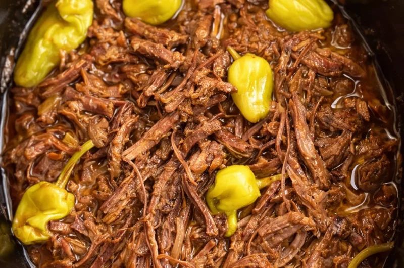 Delicious and tender Slow Cooker Mississippi Pot Roast with ranch dressing and pepperoncini.