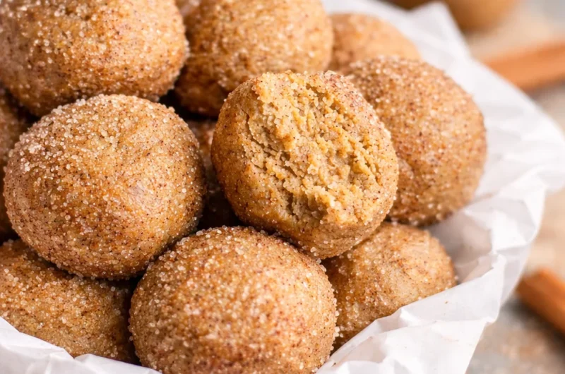 No-bake Snickerdoodle Protein Balls with cinnamon and nut butter, perfect for a healthy snack.