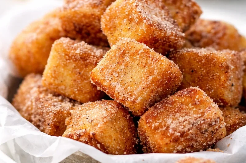 Bite-sized Cinnamon Roll French Toast Bites arranged on a plate with syrup drizzle.