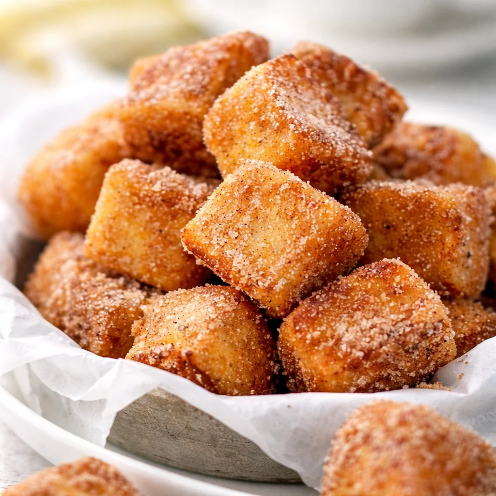 Bite-sized Cinnamon Roll French Toast Bites arranged on a plate with syrup drizzle.