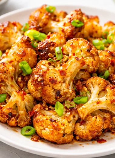 Maple Sriracha Roasted Cauliflower served on a plate garnished with green onions.