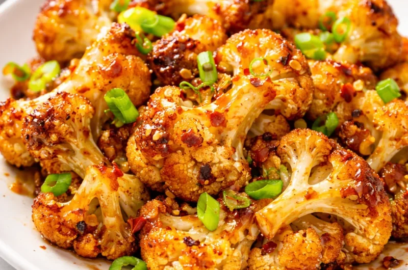 Maple Sriracha Roasted Cauliflower served on a plate garnished with green onions.