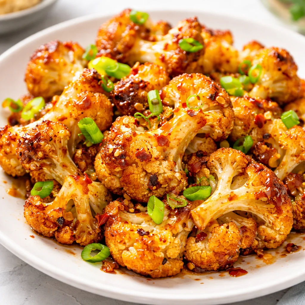 Maple Sriracha Roasted Cauliflower served on a plate garnished with green onions.
