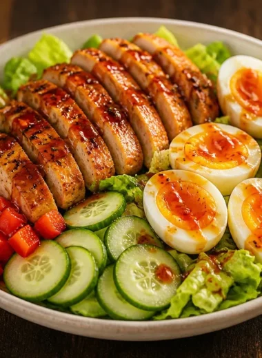 Citrus-Glazed Chicken Salad Bowl topped with fresh ingredients and vibrant colors.