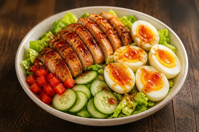 Citrus-Glazed Chicken Salad Bowl topped with fresh ingredients and vibrant colors.