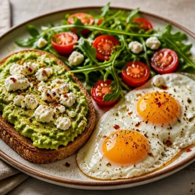Creamy Avocado and Eggs Breakfast Plate 35 Creamy avocado and eggs breakfast plate topped with herbs