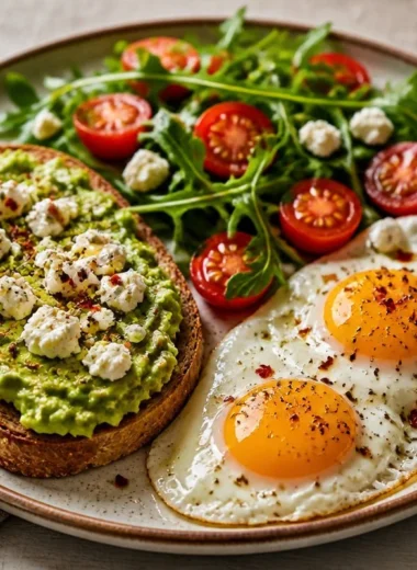 Creamy avocado and eggs breakfast plate topped with herbs