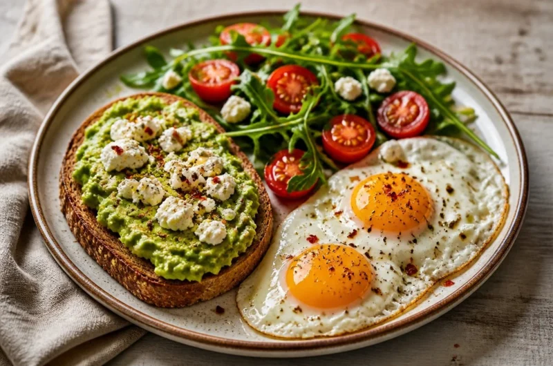 Creamy avocado and eggs breakfast plate topped with herbs