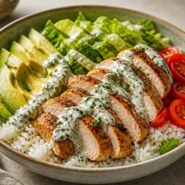Creamy avocado chicken rice bowl with fresh ingredients